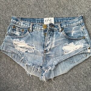 One Teaspoon Light Blue Ripped Jean Shorts